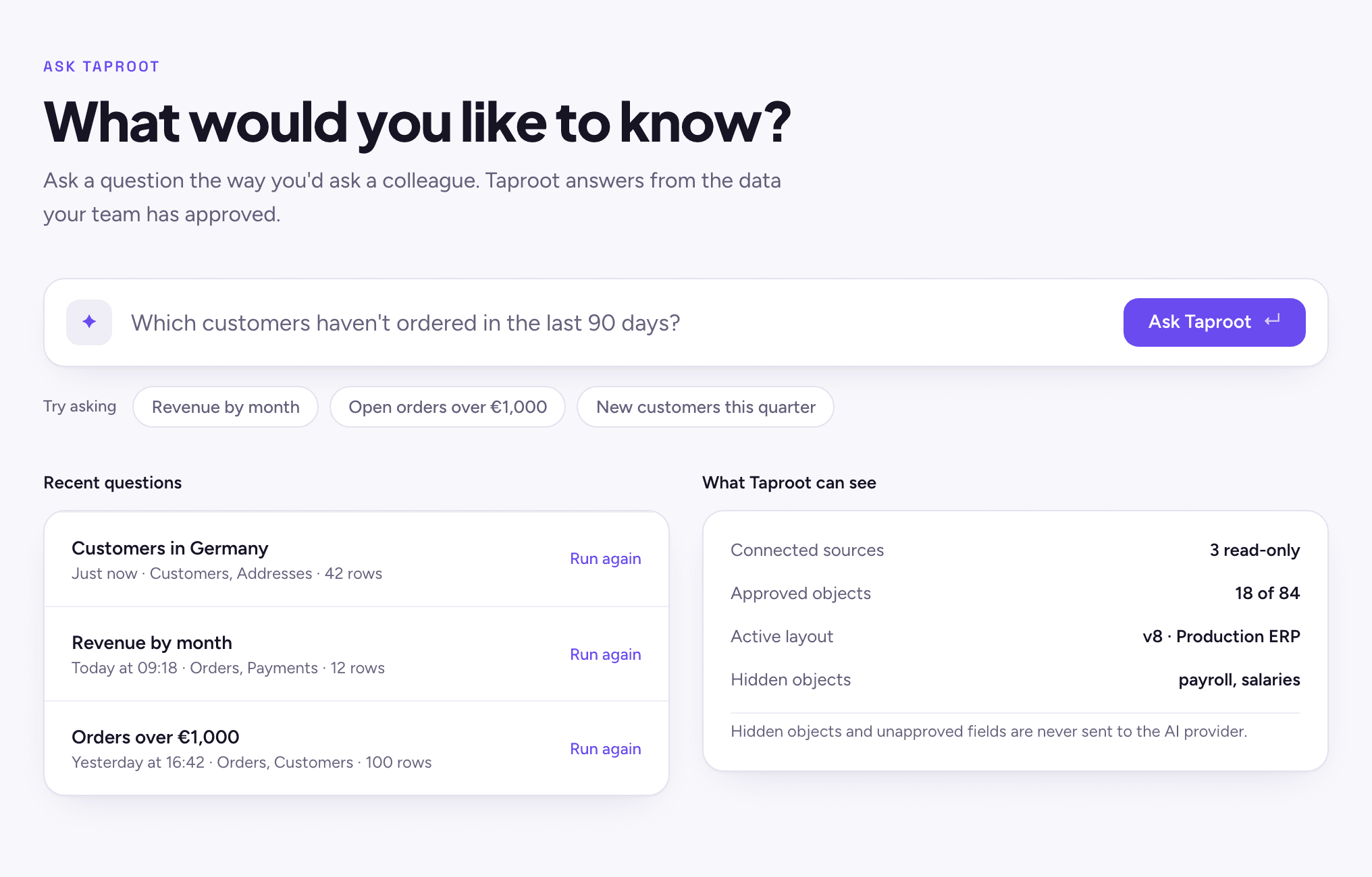 The Taproot landing screen: 'What would you like to know?' with a question box, suggested questions, recent questions, and what Taproot can see